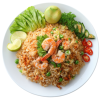 Delicious Thai fried rice with shrimp paste garnished with fresh vegetables, lime, and herbs, Fried rice with Shrimp paste, Thai style food on transparent background png