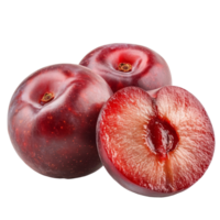 Fresh red cherry plums showcasing vibrant color and juicy interior isolated on a clean transparent background, Red cherry plum isolated on transparent background png