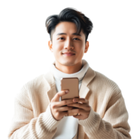 atraente jovem ásia homem sorridente enquanto usando uma Móvel dispositivo dentro brilhante interior contexto, atraente jovem inteligente ásia homem usando Móvel inteligente telefone transparente fundo png