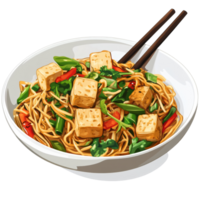 Delicious stir-fried rice noodles with tofu and vegetables served on a transparent background in a vibrant dish, Stir Fried Rice Noodle with tofu on transparent background png
