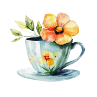 A delicate watercolor cup adorned with vibrant flowers resting on a transparent backdrop, cup with flower isolated on transparent background png
