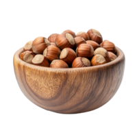 A wooden bowl filled with fresh hazelnuts on a clean transparent background for healthy snacking or baking, hazelnuts in wood bowl isolated on transparent background png