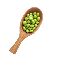 Fresh green soybeans in a wooden spoon isolated on a clean transparent background, green soybeans in wood spoon isolated on transparent background png