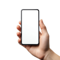 Hand holding a mobile phone mockup against a clean background, suitable for showcasing app designs or digital content, Hand holding horizontal mobile phone screen mockup, smartphone isolated on transparent png