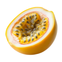 Half yellow passion fruit isolated on a plain transparent background showcasing its vibrant interior and unique texture, Half yellow passion fruit isolated on transparent background png