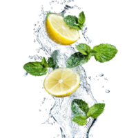 Fresh lemon slices and mint leaves splashing in clear water, creating a refreshing visual experience, Lemon and fresh mint leaves splashing with water png