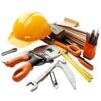 Various construction tools and safety helmet arranged on a surface highlighting the essentials for building projects, Construction tools with safety helmet png
