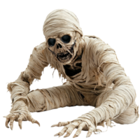 A chilling Halloween mummy emerging from its wrappings on a clean transparent background, Terrifying halloween mummy on transparent background png