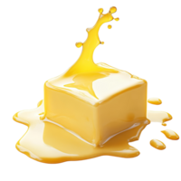 Freshly melted butter cube with droplets glistening on a light background, illustrating culinary richness and texture, Cube butter melting isolated Stock Photo png