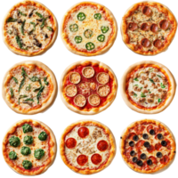 A colorful collage showcasing delicious homemade pizzas with various toppings arranged in a perfect grid layout, collage of various types of pizza png