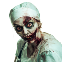 A terrifying zombie nurse emerges against a stark transparent background, showcasing horror and healthcare combined, Zombie nurse isolated on transparent background png