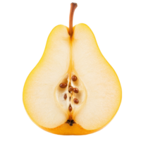 Half of a bright yellow pear fruit isolated on a clean transparent background showcasing its juicy interior and seeds, Half of yellow pear fruit isolated on transparent background png