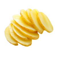 Freshly sliced potatoes arranged neatly on a clean transparent background for culinary preparation or presentation, potatoes slice on transparent background png