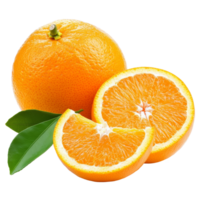 Fresh oranges with vibrant color on transparent background, showcasing their juicy segments and green leaves, oranges isolated transparent background png