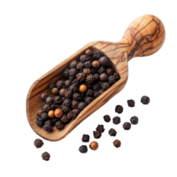 Wooden scoop filled with various peppercorns on a bright transparent background for culinary use, peppercorn in wood scoop isolated on transparent background png