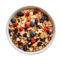 Healthy muesli with dried fruits and nuts in a bowl against a bright transparent background for a nutritious breakfast option, muesli in bowl isolated on transparent background png