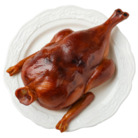 Delicious Peking duck served on an elegant transparent plate against a clean transparent background, Peking duck on plate isolated on transparent background png