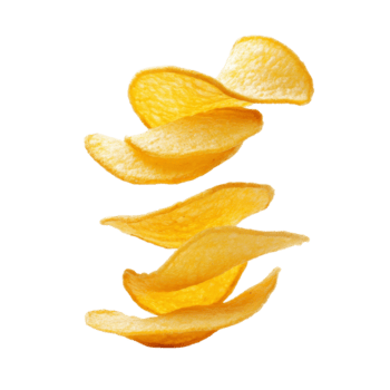 Slices of potato transforming into crispy chips in a floating sequence against a plain transparent background, Potato slices turning into chips isolated png