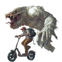 A scared explorer rides an electric scooter while being chased by a monstrous creature in a surreal landscape, file no background Scared explorer on electric scooter being chased by a monster png