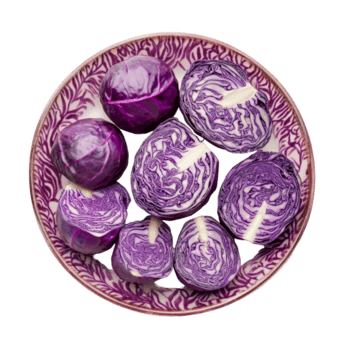 skivor av vibrerande röd kål anordnad ordentligt på en dekorativ tallrik mot en rena transparent bakgrund, skivad av röd kål i tallrik på transparent bakgrund png