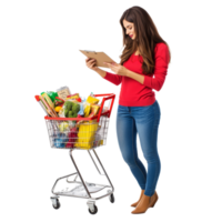 Woman organizing groceries in a shopping cart while checking a shopping list in a bright store setting, file no background Woman with full shopping cart writing a list png
