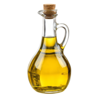 A glass bottle filled with high-quality olive oil, perfect for culinary use, displayed against a transparent background, Olive oil in a glass bottle isolated png