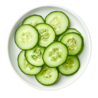 Fresh cucumber slices arranged neatly on a transparent plate, perfect for healthy snacking or adding to salads and dishes, Cucumber slices in plate on transparent background png