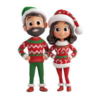 Festive cartoon couple wearing Christmas sweaters and hats against a bright transparent background, 3D Cartoon Couple in Festive Christmas Attire on transparent background png