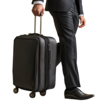 Businessman in a suit traveling with a suitcase at an airport terminal during the daytime, file no background Businessman traveling with a trolley bag png