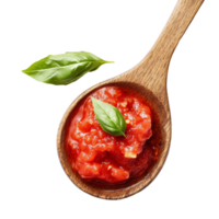 Wooden spoon filled with fresh tomato sauce and basil leaves on a transparent background, Wooden Spoon with Tomato Sauce on transparent background png