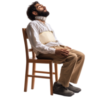 Injured patient seated on a chair with a neck brace and torso wrap in a clinical setting, file no background Injured patient with neck brace sitting on a chair png