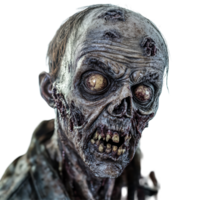 A terrifying zombie with haunting eyes and decayed features facing the camera against a plain transparent background, Terrifying zombie facing the camera on transparent background png