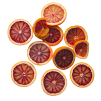 Sliced blood oranges arranged on a transparent background showcasing vibrant colors and unique patterns, sliced blood oranges on transparent background png