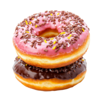 Delicious stack of pink and chocolate frosted donuts with sprinkles on transparent background, donuts isolated on transparent png