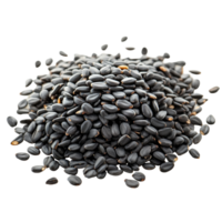 Black sesame seeds piled on a clean transparent background showcasing their natural color and shape, black sesame isolated on transparent background png