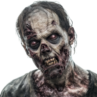 A terrifying zombie portrait against a stark transparent background showcasing haunting details of decay and horror, Horror Zombie Portrait on transparent background png