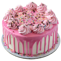 Delicious pink cake adorned with whipped toppings and sprinkles ready for a celebration, pink cake topping on transparent background file png