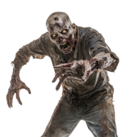 A terrifying zombie lunges forward in pursuit of its next victim in a dimly lit setting, Scary Zombie about to catch his victim isolated on transparent background png