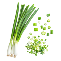Sliced green onions arranged on a clean transparent background with whole green onions nearby for culinary preparation, Slice green onions on transparent background png