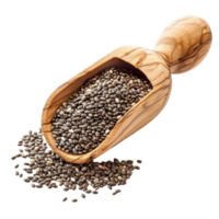 Chia seeds in a wooden scoop resting on a clean transparent background showcasing the texture and color of the seeds, Chia seeds in wood scoop isolated on transparent background png