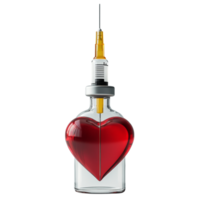 rouge en forme de coeur seringue et vaccin Fiole sur une stérile surface symbolisant l'amour pour santé et vaccination, rouge cœur seringue pour injection et vaccin Fiole dans l'amour png