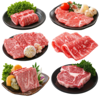 A collage of isolated raw marbled beef cuts arranged on serving plates with fresh vegetables and garnishes, Isolated beef raw marbled meat collage png