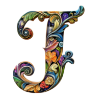 Intricately designed letter J with floral motifs on a transparent background showcasing artistic creativity and craftsmanship, consonant letter c is used to make words on transparent backgroundfile png