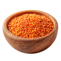 Red lentils in a rustic wooden bowl on a transparent background for healthy cooking and meal preparation, red lentils in wood bowl on transparent background png