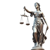 Statue of Lady Justice holding scales and sword against a transparent background representing fairness and law, Statue of Lady of justice on transparent background png
