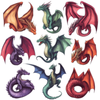 A collection of mythical dragons in various colors and styles, isolated on a transparent background for artistic display, Mythical Dragons Isolated on transparent background png