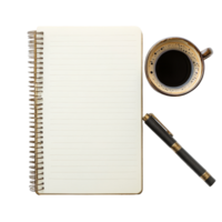 A cozy workspace featuring an empty notebook, a cup of coffee, and a pen on a clean transparent background for writing ideas, Note book and coffee on transparent background png