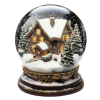 A charming snow globe featuring a snow-covered house and evergreen trees, capturing the essence of winter holidays, Christmas Snow Globe with SnowCovered House Isolated on transparent background png