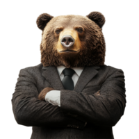 Confident bear executive showcasing leadership skills while standing upright in a tailored suit against a transparent backdrop, Confident Bear Executive Portraying Leadership On transparent background png