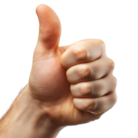 A close-up of a hand giving a thumbs up gesture on a plain transparent background symbolizing approval and positivity, thumb up on transparent backgroundfile png